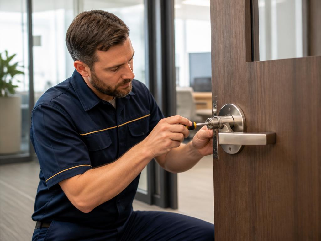 Commercial locksmith installing a new business lock in Apex, NC
