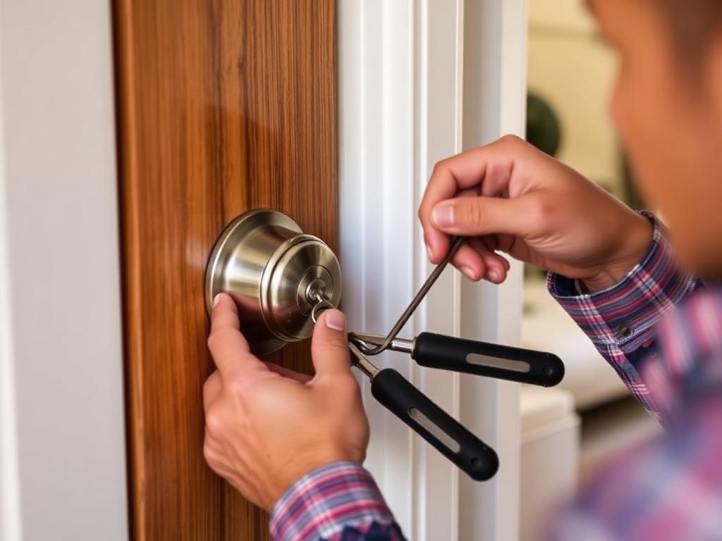 Locksmith performing a house lock re-key service in Apex, NC