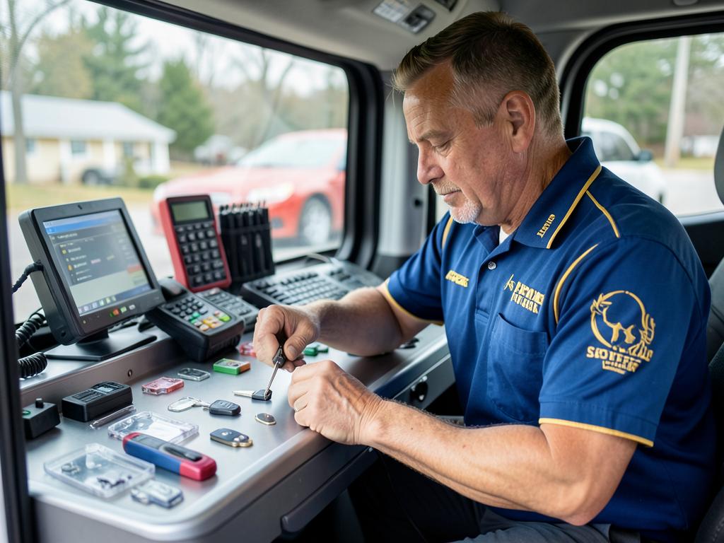 Apex automotive locksmith copying a car key in a mobile locksmith van