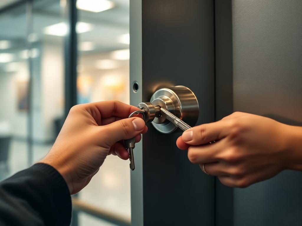 Commercial locksmith performing a business lock re-key in Apex, NC